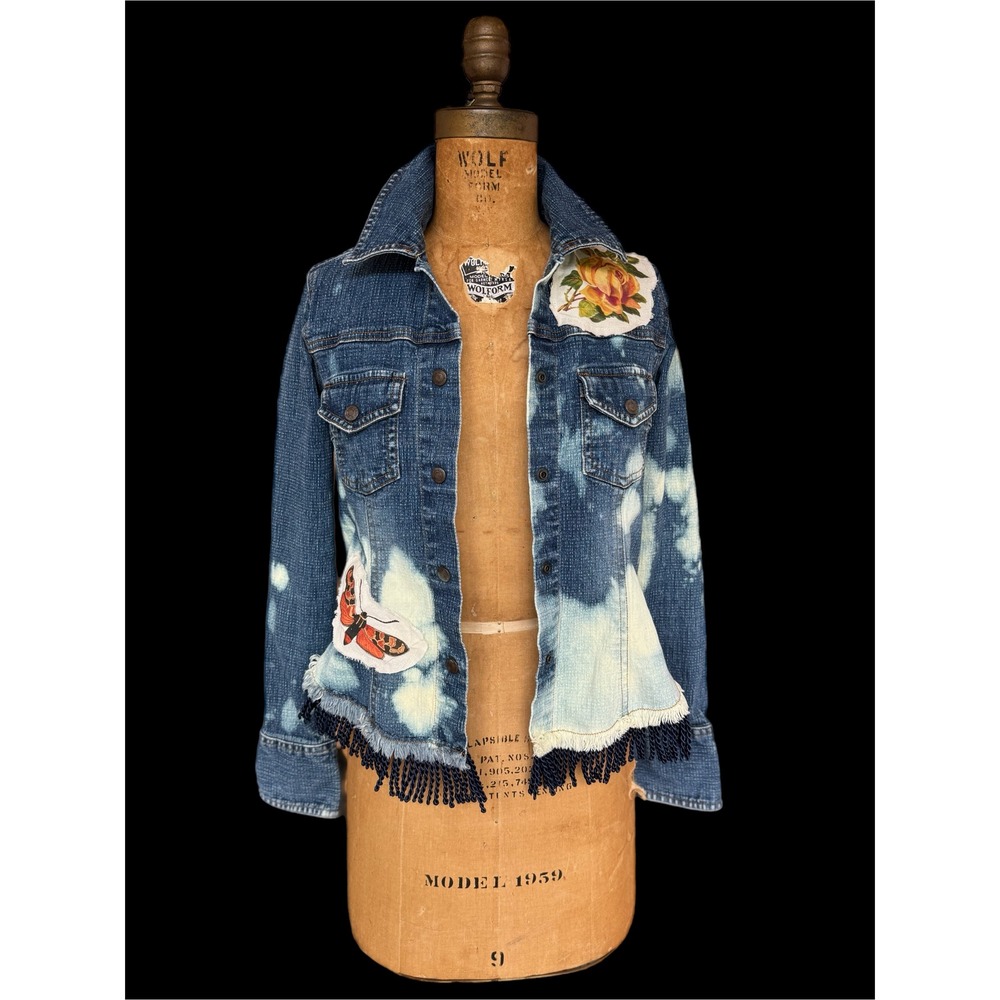 Upcycled Butterfly Jean Jacket | Bleached Fringe Denim | Size S - Picture 2 of 11